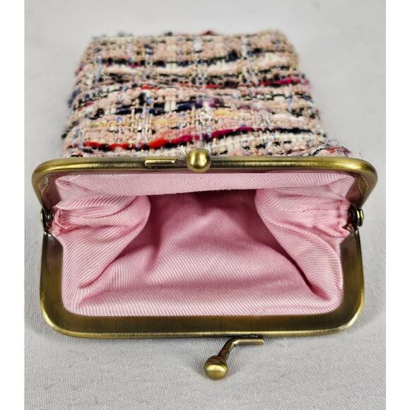 ANTHROPOLOGIE MULTICOLORED TWEED SMALL COIN BAG POUCH - KISS CLASP - PINK LINING - Picture 3 of 10